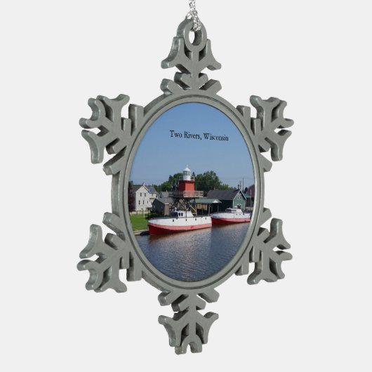 Zwei Flüsse, Schneeflocken von Wisconsin oder Kuge Schneeflocken Zinn-Ornament (Links)