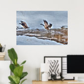 Zwei Flying Canada Gänse und Winter Pond Wildlife Poster (Heimbüro)