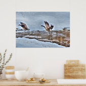 Zwei Flying Canada Gänse und Winter Pond Wildlife Poster (Küche)