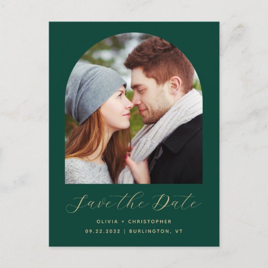 Zwei Foto Arch Emerald Green QR-Code Save the Date Postkarte (Vorderseite)