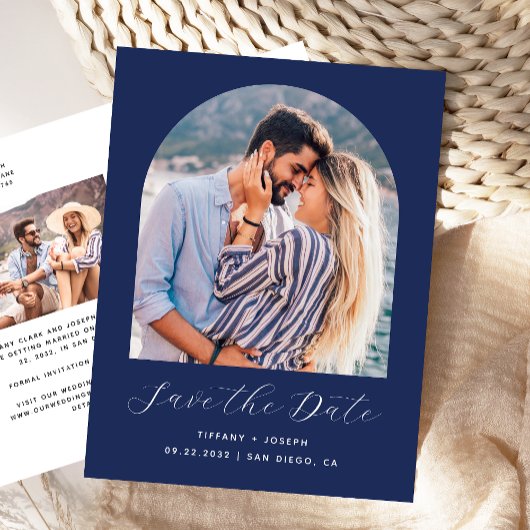 Zwei Foto Arch Navy Blue Save the Date Postkarte