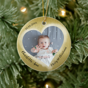 Zwei Foto Baby Erstes Weihnachten Datum Herz Keramik Ornament