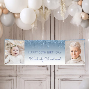 Zwei Foto Blau Tropf Glitter 50. Geburtstag Banner