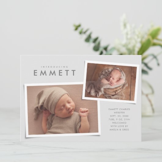 Zwei Foto Collage einfache Art Graugeburt Ankündigung (Stehend Vorderseite)