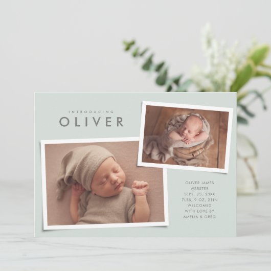 Zwei Foto Collage einfache Art grüne Geburt Ankündigung (Stehend Vorderseite)