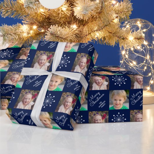 Zwei Foto Collage Navy Blue Frohe Weihnachten Geschenkpapier (Feiertage)