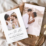Zwei Foto Einfache Save the Date Hochzeit<br><div class="desc">Maßgeschneidertes und personalisiertes Foto auf der Vorderseite und Rückseite von eleganten und modernen Save the Date Wedding Einladungen - inklusive wunderschöner und eleganter Schriftzeichen-Typografie für die besondere Hochzeitstagsfeier.</div>