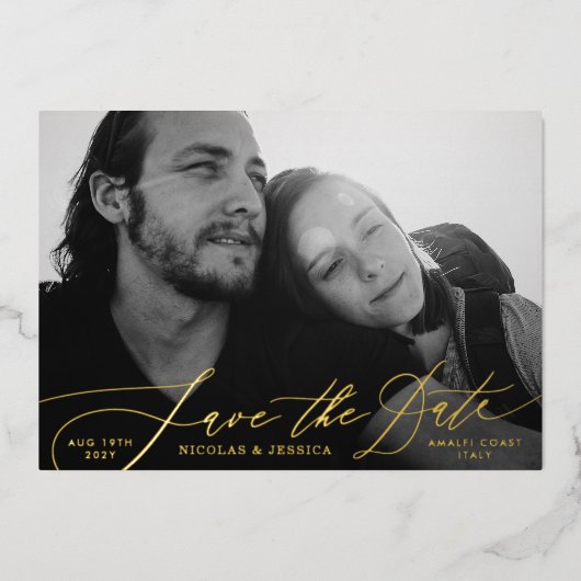Zwei Foto La Dolce Vita Gold Save the Date Folieneinladung (Vorderseite)