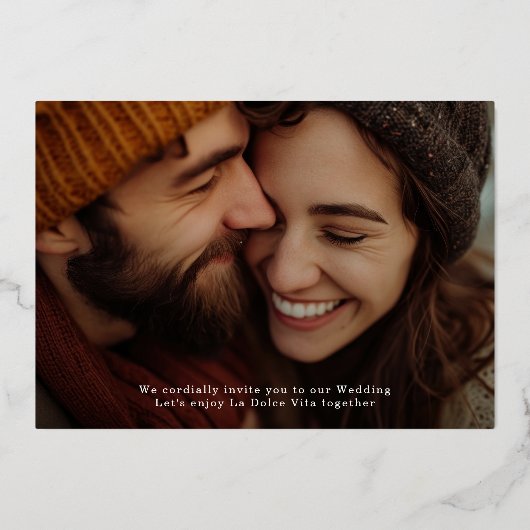 Zwei Foto La Dolce Vita Gold Save the Date Folieneinladung (Rückseite)