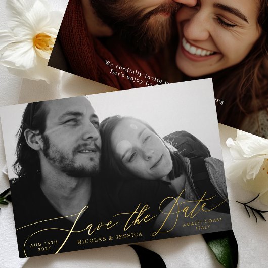 Zwei Foto La Dolce Vita Gold Save the Date Folieneinladung