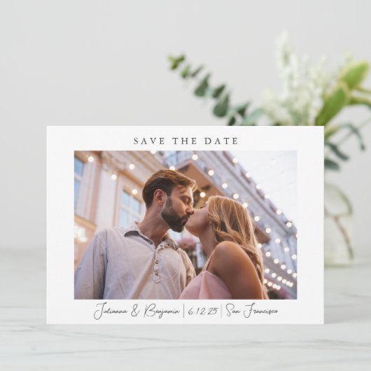 Zwei Foto Minimalistisch Moderne Skripte Hochzeit Save The Date (Stehend Vorderseite)
