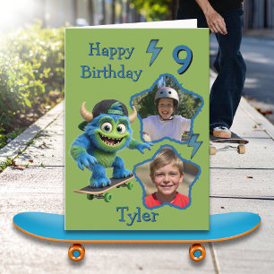 Zwei-Foto-Monster auf Skateboard 9. Geburtstagskar Karte