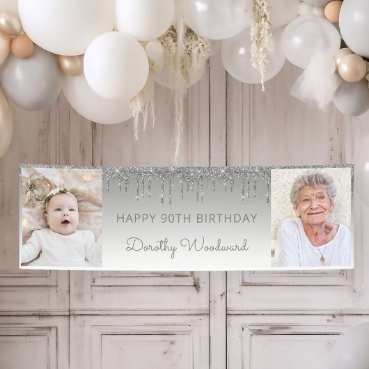 Zwei Foto Silver Dripping Glitzer 90. Geburtstag Banner