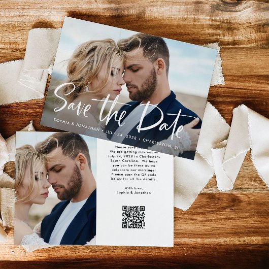 Zwei Foto- und QR-Code | Moderne Schrift Save The Date