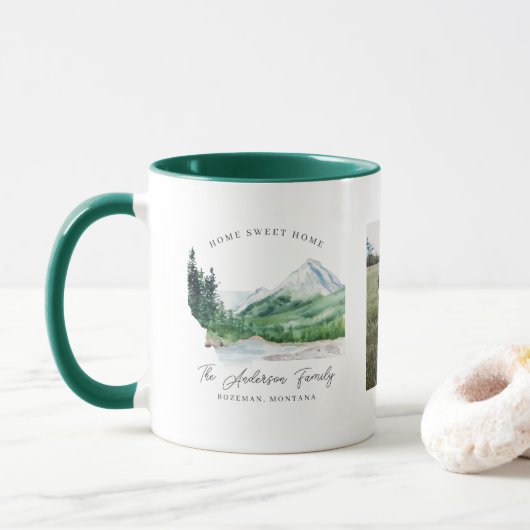 Zwei FotoCollage | Familienname Monogram Montana Tasse (Mit Donut)