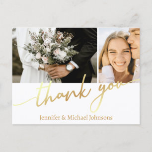 zwei Fotos Collage Gold Drehbuch danke, Hochzeit Postkarte
