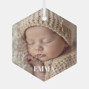 Zwei Fotos Minimalistisches Baby Erstes Weihnachte Ornament Aus Glas
