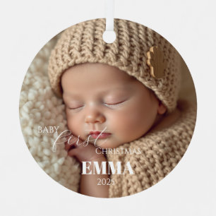 Zwei Fotos Minimalistisches Baby Erstes Weihnachte Ornament Aus Metall