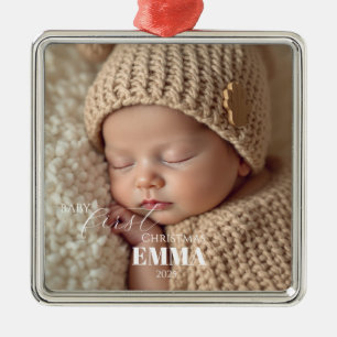Zwei Fotos Minimalistisches Baby Erstes Weihnachte Ornament Aus Metall