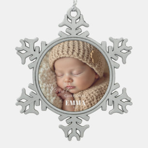Zwei Fotos Minimalistisches Baby Erstes Weihnachte Schneeflocken Zinn-Ornament