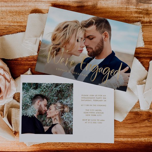 Zwei Fotos mit Imitaten Gold Script | Engagement Einladung