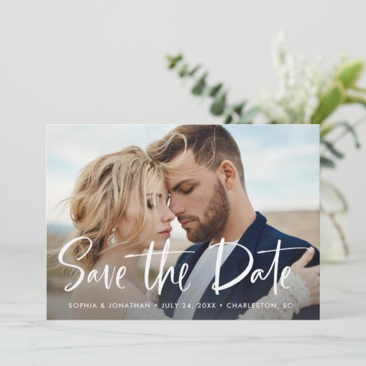 Zwei Fotos | Modern Script Save the Date (Stehend Vorderseite)