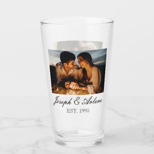 Zwei Fotos, Namen, Datum und Text | 16oz Pint Glas (Vorderseite)
