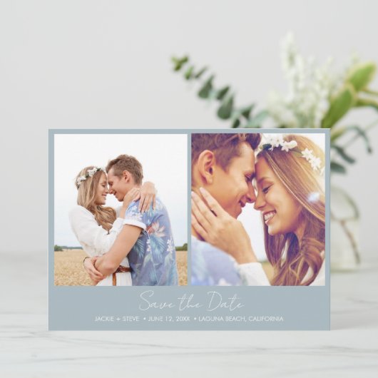 Zwei Fotos Nautical Stripe Beach Hochzeit Save The Date (Stehend Vorderseite)