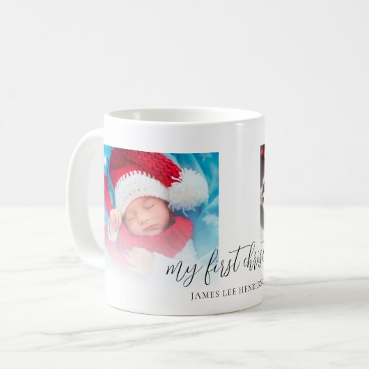 Zwei Fotos New Baby First Christmas Name Kaffeetasse (Vorderseite Links)