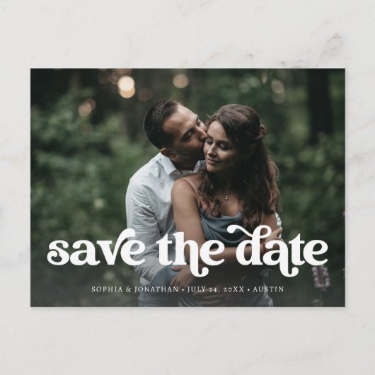 Zwei Fotos | Retro Boho Typografie Save the Date Ankündigungspostkarte (Vorderseite)