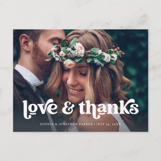 Zwei Fotos | Retro Boho Typografie Vielen Dank Ankündigungspostkarte (Vorderseite)