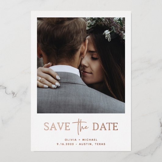 Zwei Fotos | Rose Gold Save the Date Foil Card Folieneinladung (Vorderseite)