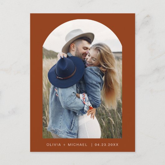 Zwei Fotos Terracotta Save the Date Postkartenskri Postkarte (Vorderseite)