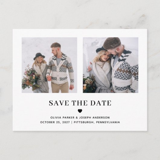 Zwei Fotos Text und Herz | Save The Date Postkarte (Vorderseite)