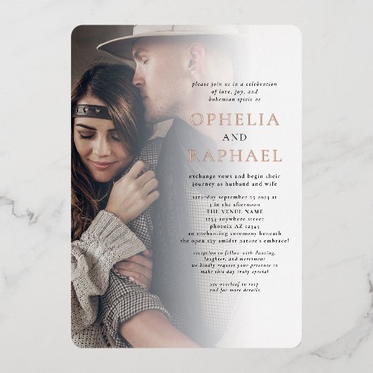 Zwei Fotos überlagern QR-Code Bohemisch Hochzeit R Folieneinladung (Vorderseite)