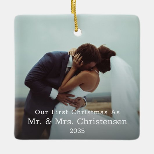 Zwei Fotos Unsere ersten Weihnachten Verheiratet M Keramikornament (Vorderseite)