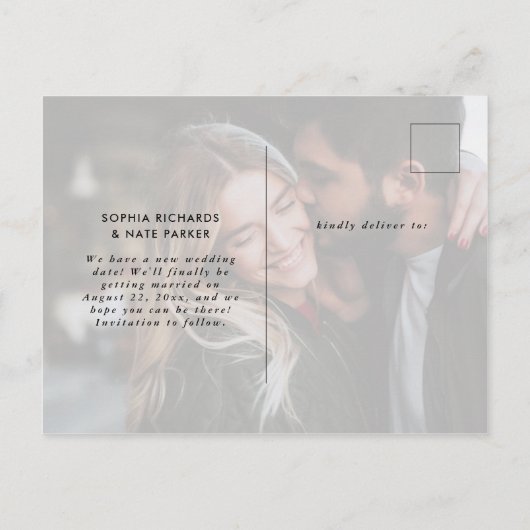 Zwei Fotos | Weißes Herz und Skript Ändern des Dat Ankündigungspostkarte (Rückseite)