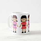 Zwei Frauen, die Hände Emoji halten Kaffeetasse (Vorderseite Links)