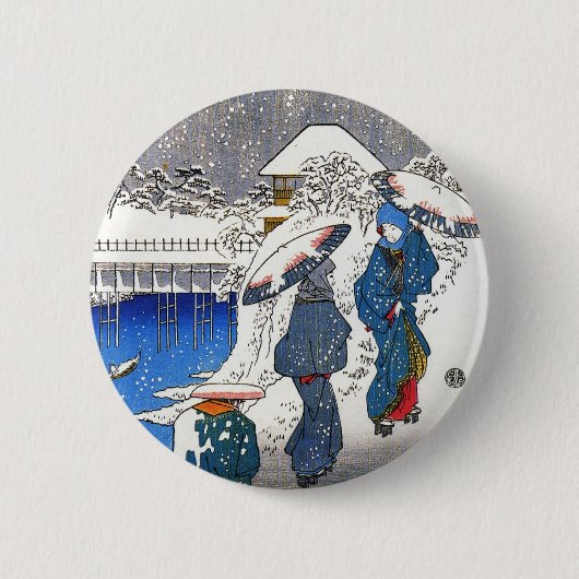 Zwei Frauen, die im Schnee konvergieren, Ando Hiro Button (Vorderseite)