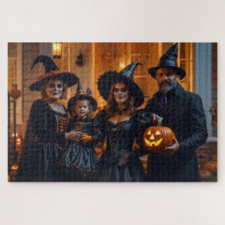 Zwei Frauen, ein Mann und ein Mädchen zu Halloween Puzzle