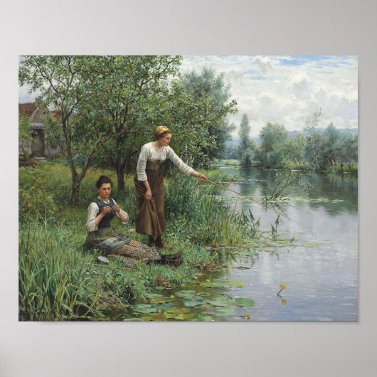 Zwei Frauen fischen auf dem Gras am Fluss Poster (Vorne)