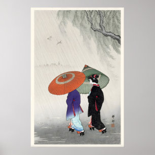 Zwei Frauen im Regen, japanischer Kunstdruck Poster