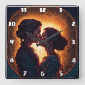 Zwei Frauen in der Abenddämmerung küssen Quadratische Wanduhr (Vorderseite)