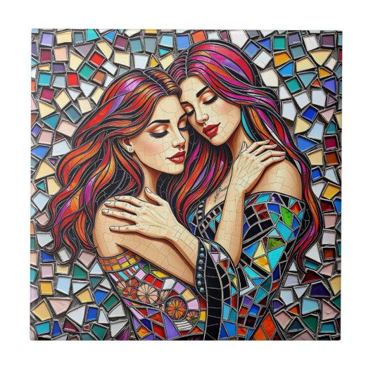 Zwei Frauen in Liebe | Imitats Mosaik Tile Style Fliese (Vorderseite)
