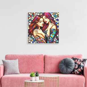 Zwei Frauen in Liebe   Imitats Mosaik Tile Style Leinwanddruck