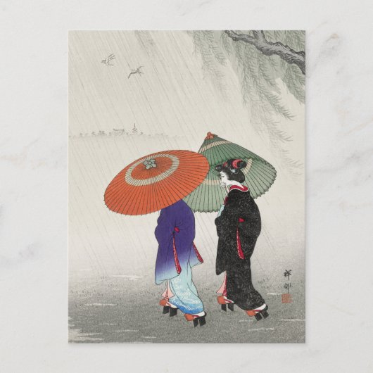 Zwei Frauen in Regenmalerei von Ohara Koson Postkarte (Vorderseite)
