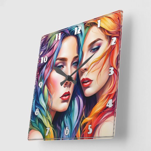 Zwei Frauen mit farbenprächtigem Haar und kühlen A Quadratische Wanduhr (Winkel)