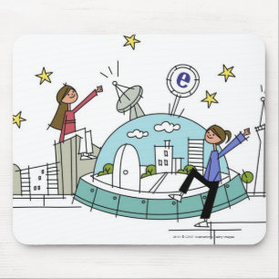 Zwei Frauen sitzen auf einer Stadt Mousepad