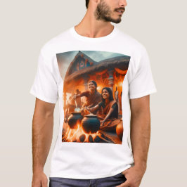 zwei Frauen sitzen um ein Feuer herum mit einem Tö T-Shirt