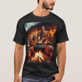 zwei Frauen sitzen um ein Feuer herum mit einem Tö T-Shirt